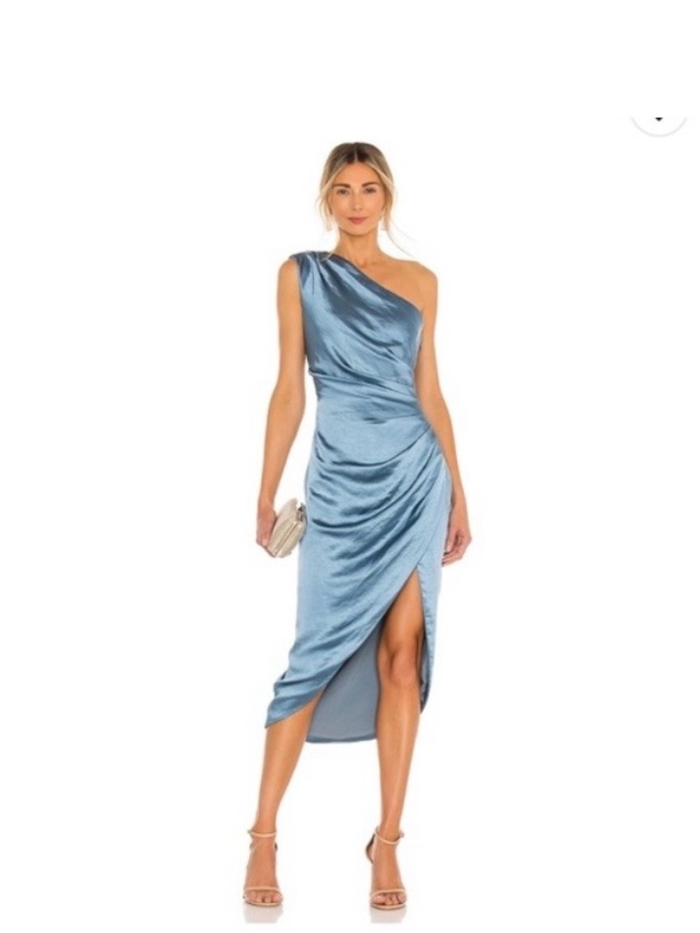 Elliatt Cassini One-Shoulder Satin Midi Dress in Dusty Blue M EUC